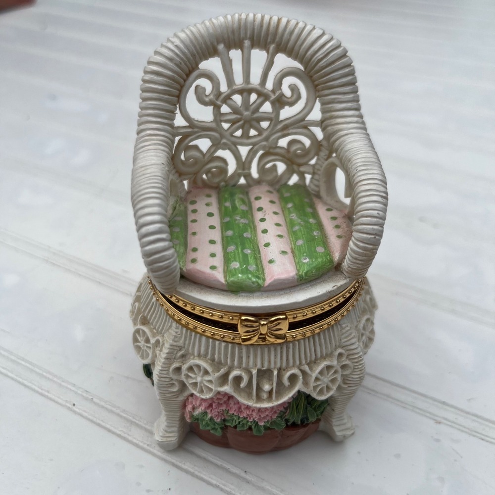 Vintage Wicker Armchair Miniature Trinket Box Floral Resin Jewelry Holder